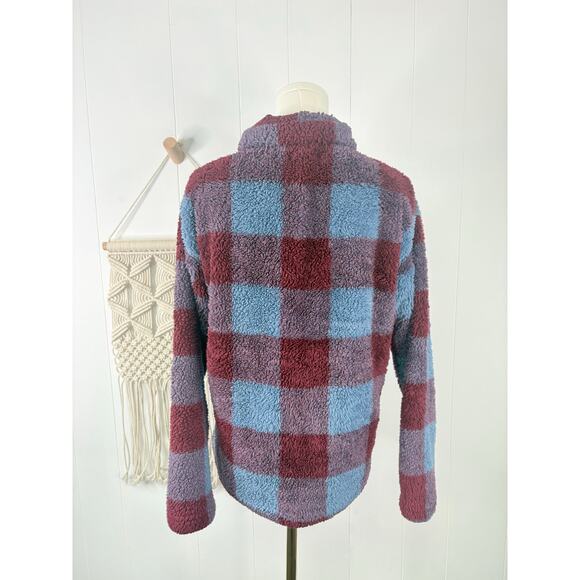 Eddie Bauer Plaid Sherpa Fleece Quarter Zip Pullover Jacket Size Small Blue Red - Picture 7 of 10